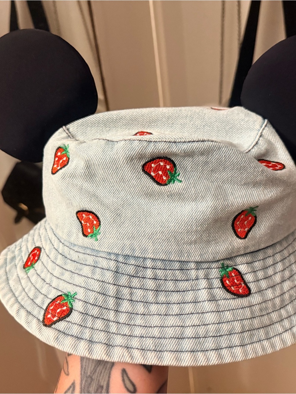 Strawberry Embroidered Light Blue Denim Mickey Ears Bucket Hat